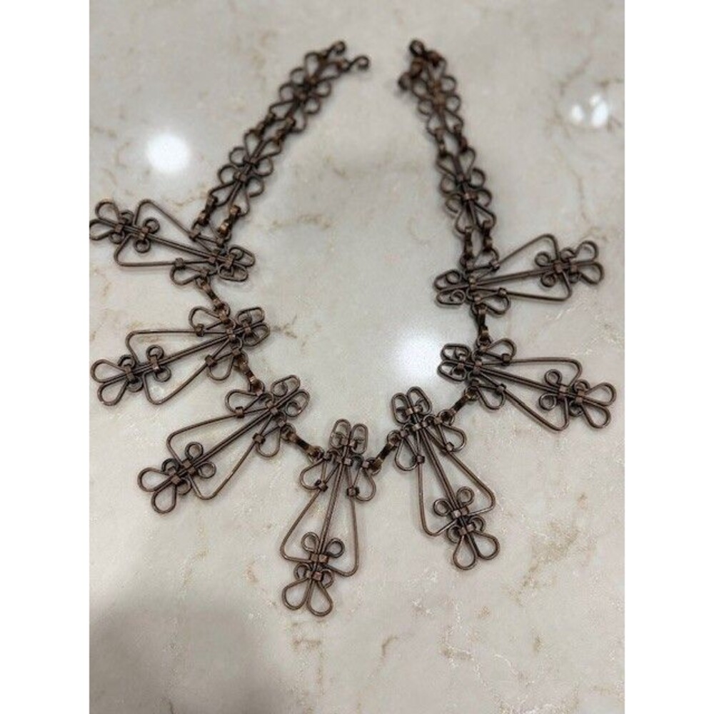 Vintage MODERNIST STATEMENT COOPER FILIGREE NECKLACE WITH HOOKS 14"